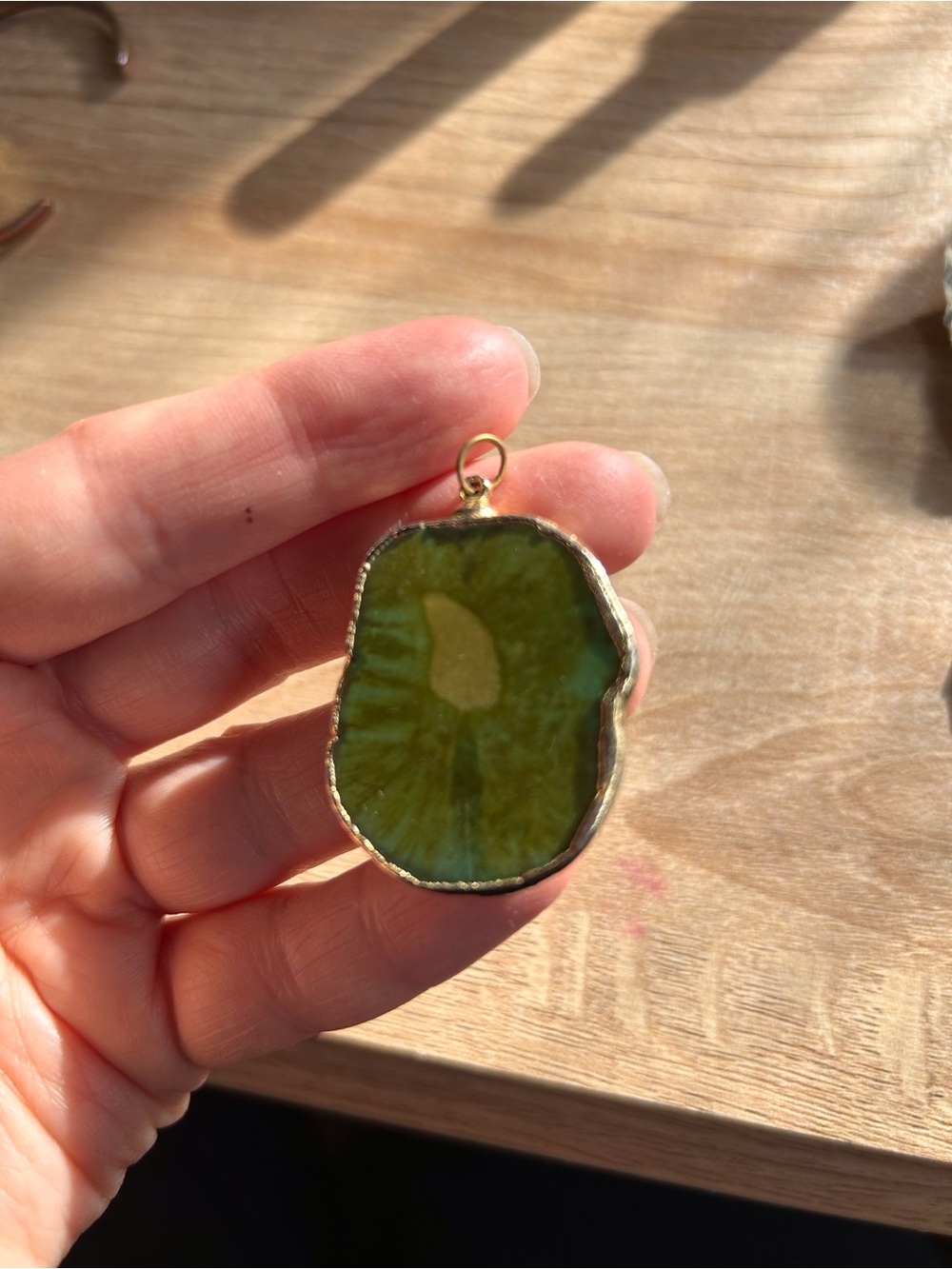Green Agate Slice Pendant with Gold Edge